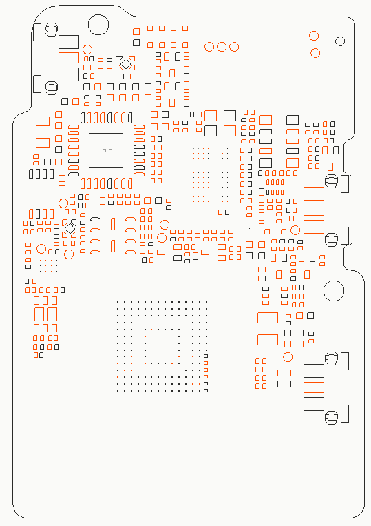 Bottom-layer PCB layout of a compact wireless recorder transmitter with a BGA SoC and flash memory