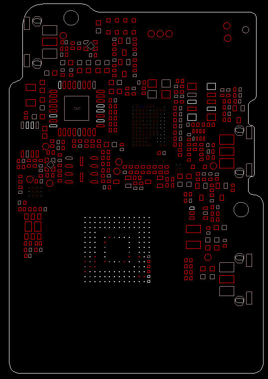 Bottom-layer PCB layout of a compact wireless recorder transmitter with a BGA SoC and flash memory