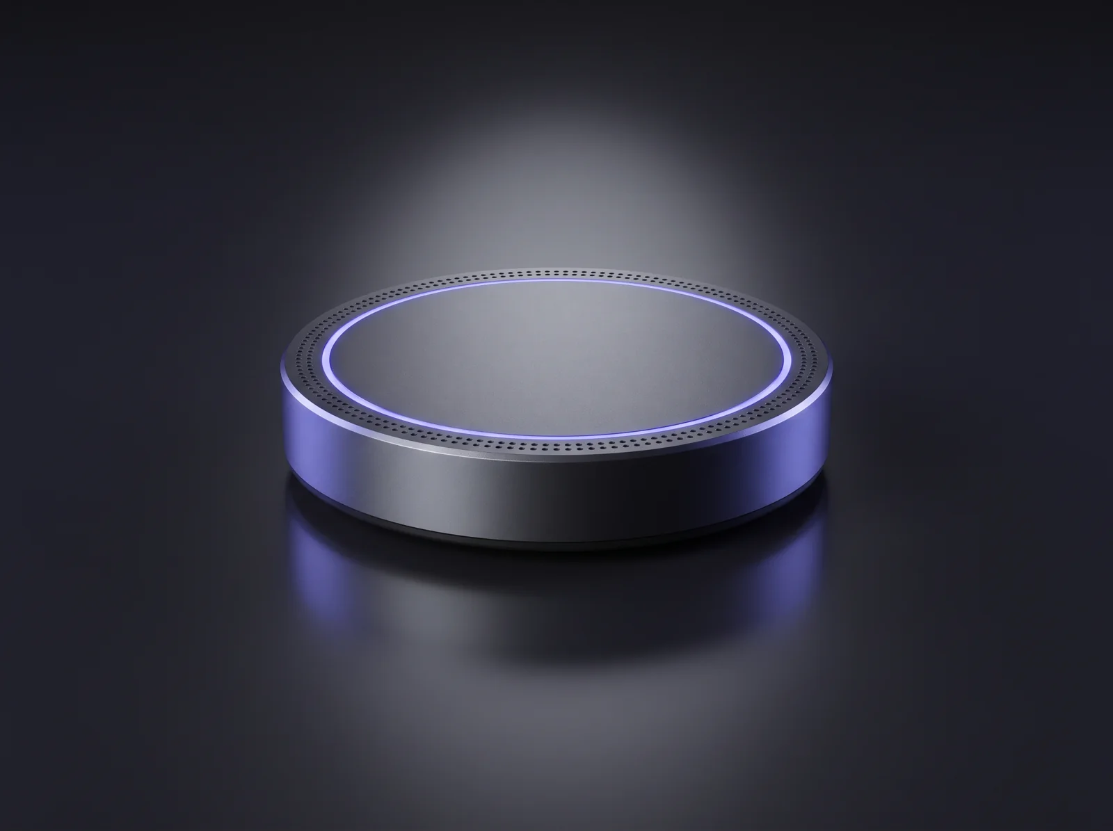 Concept render of a round tabletop meeting puck with a ring of microphone holes and a light ring