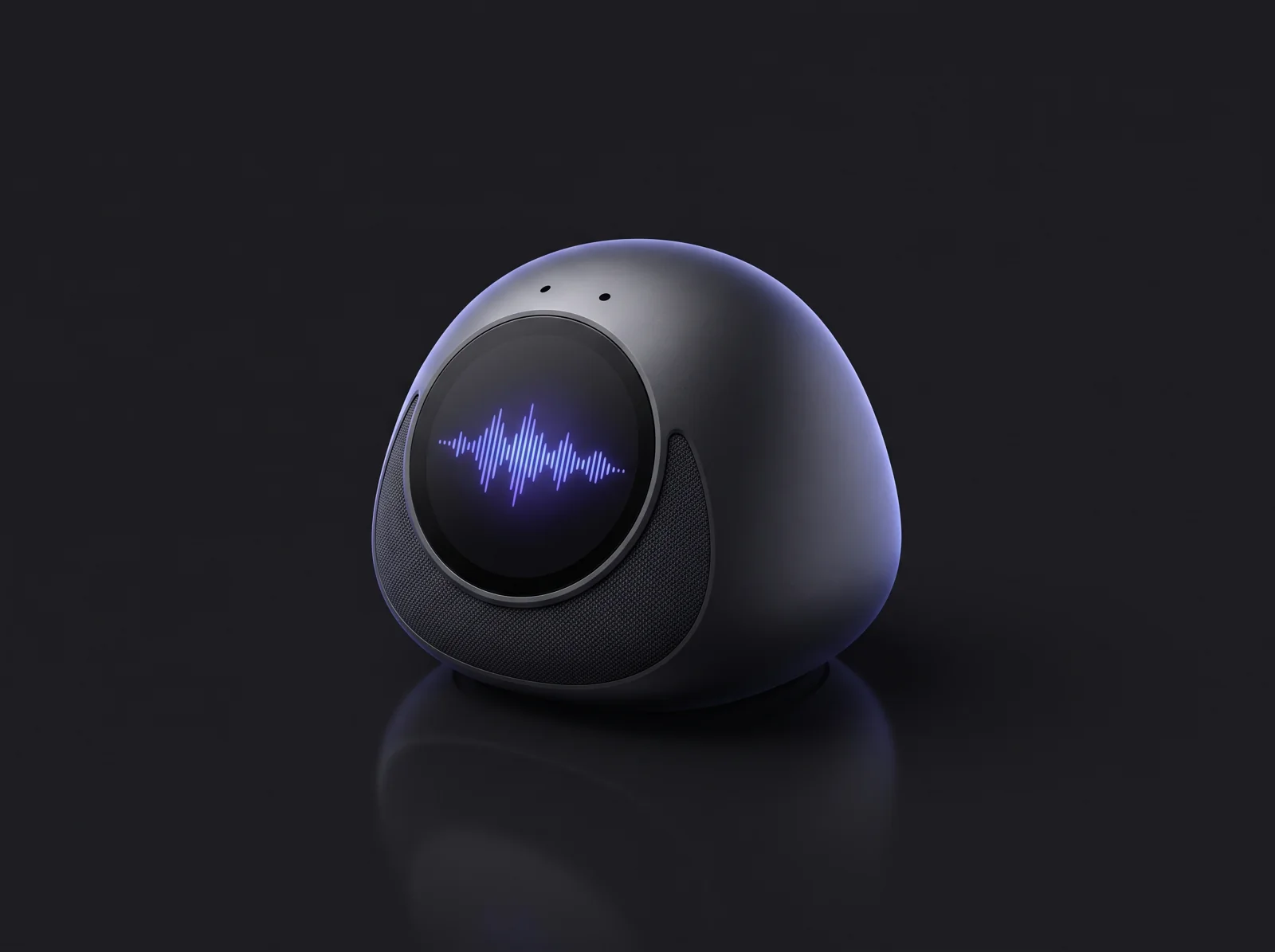 Concept render of a compact voice terminal with a small round screen and a speaker grille