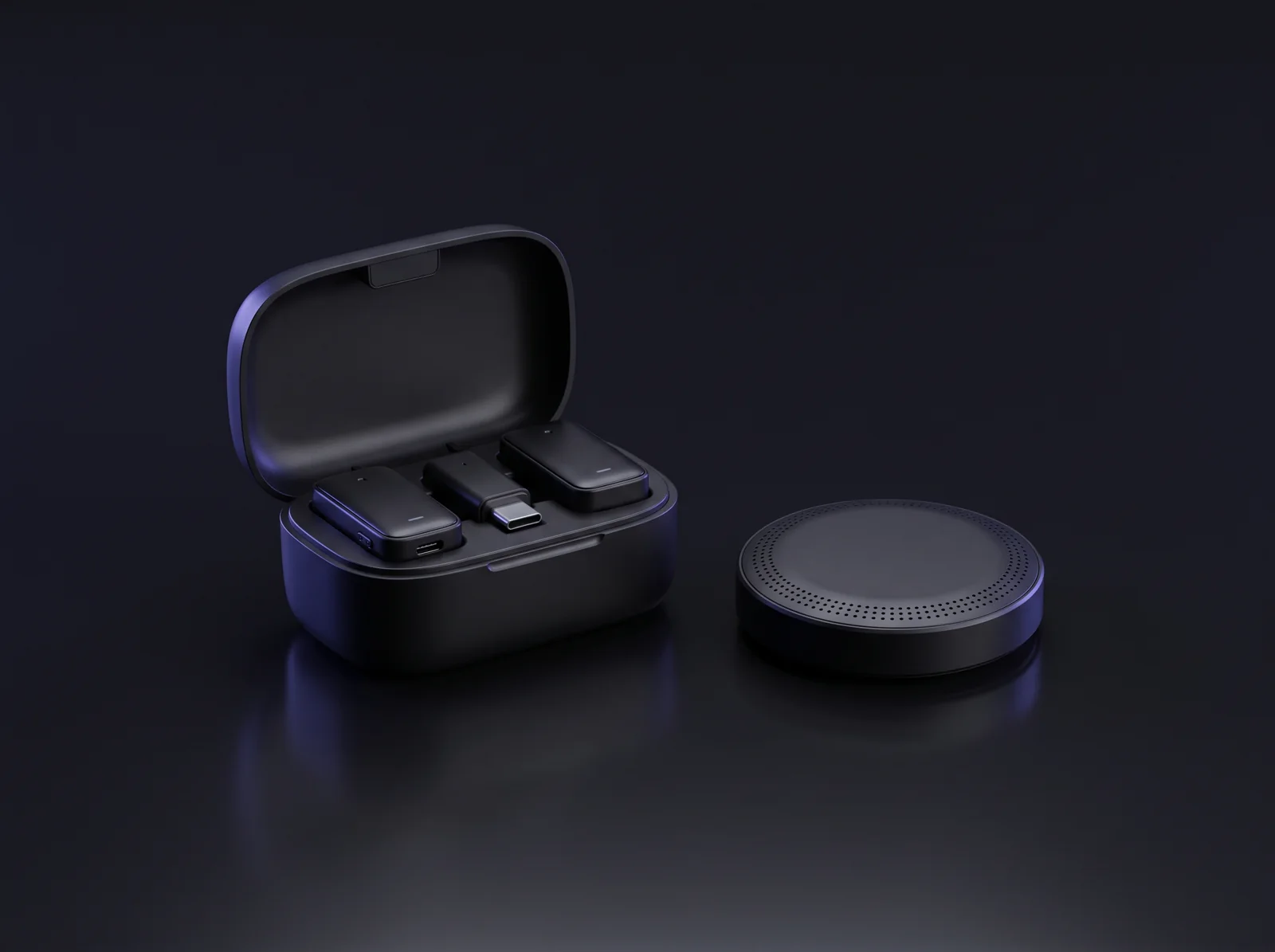 Concept render of a two-transmitter wireless microphone kit in its charging case and a round mic-array puck