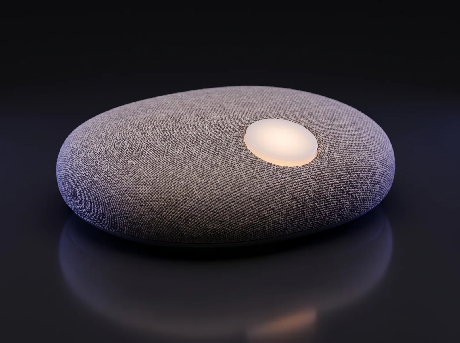 Concept render of a low fabric check-in speaker with one large lit button