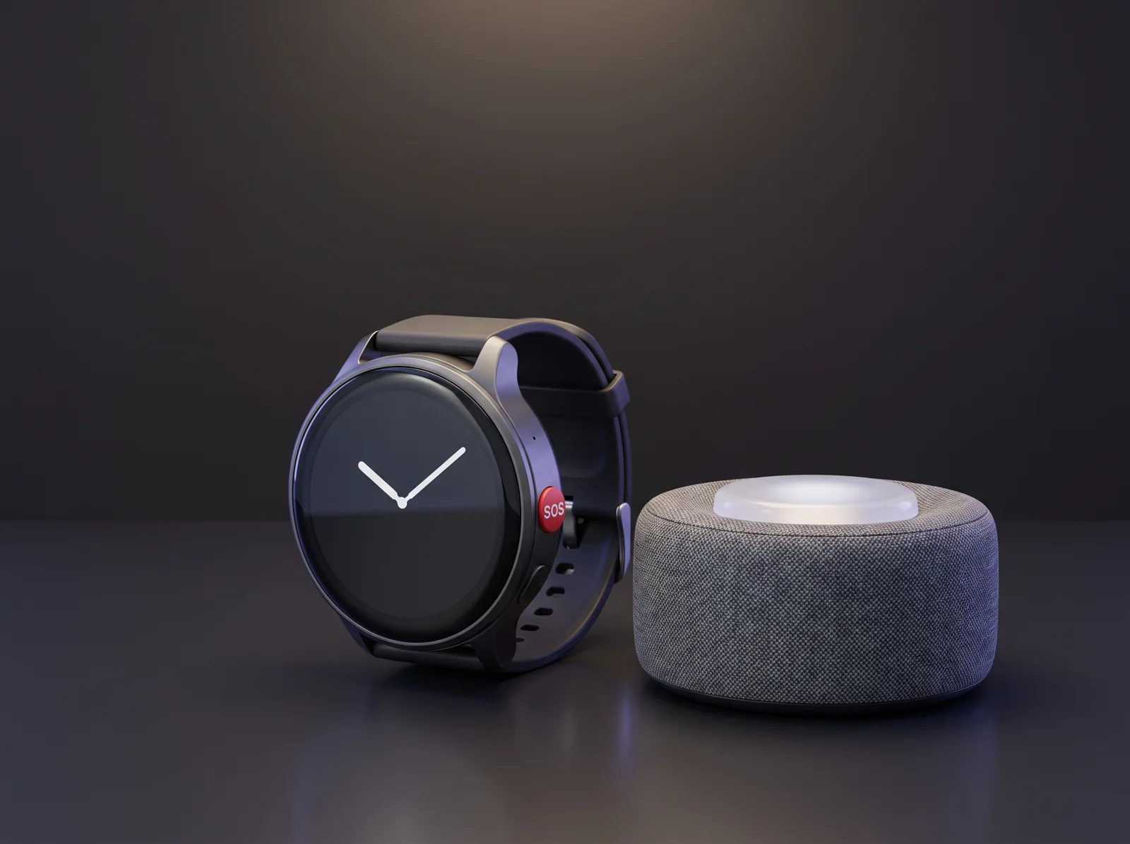 Concept render of a 4G senior watch with a large SOS button and a fabric-covered check-in speaker