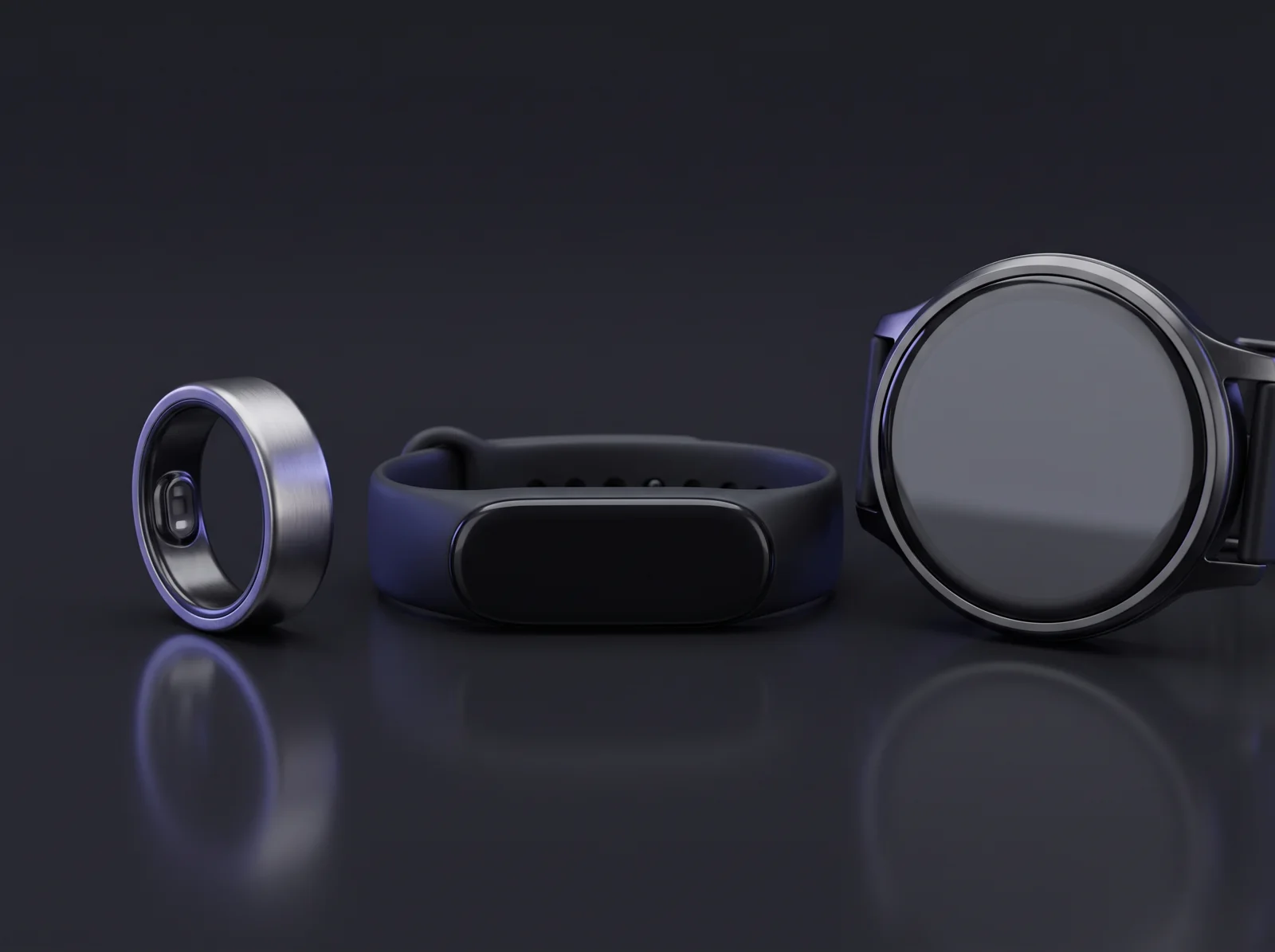 Concept render of a smart ring, a screenless fitness band and a round health watch