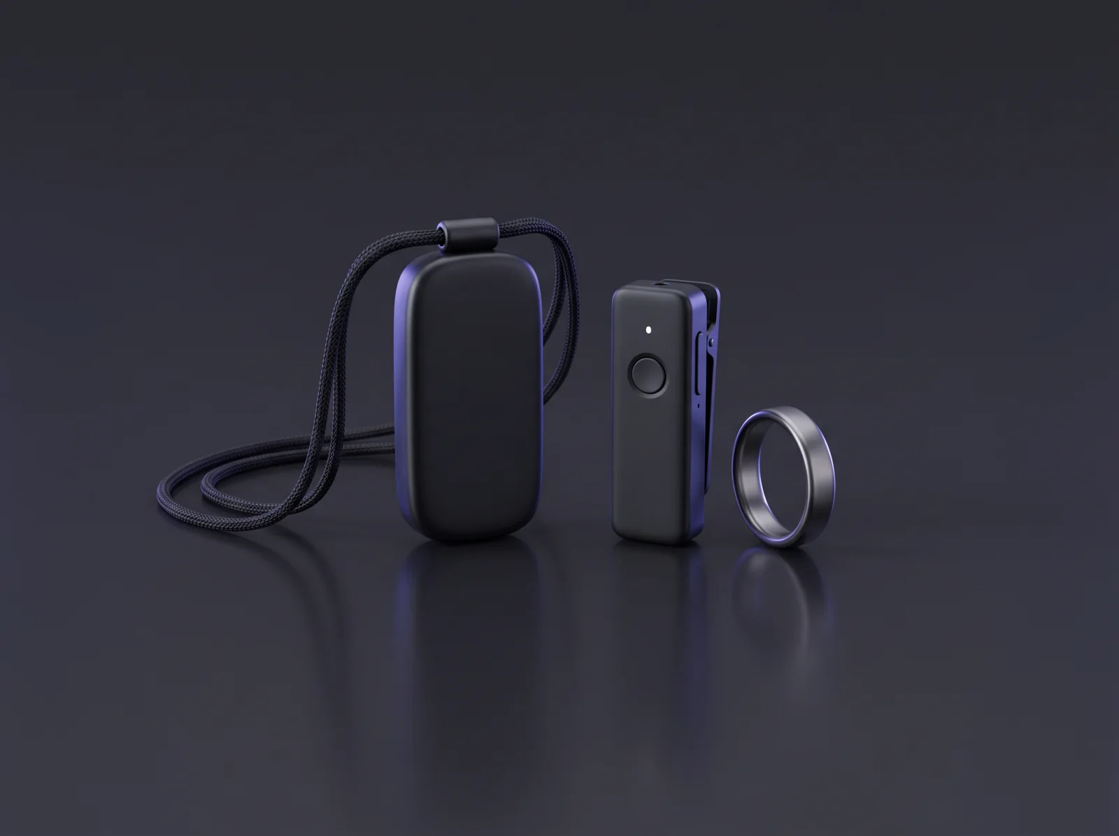 Concept render of a recording pendant, a clip-on recorder and a smart ring on a light background