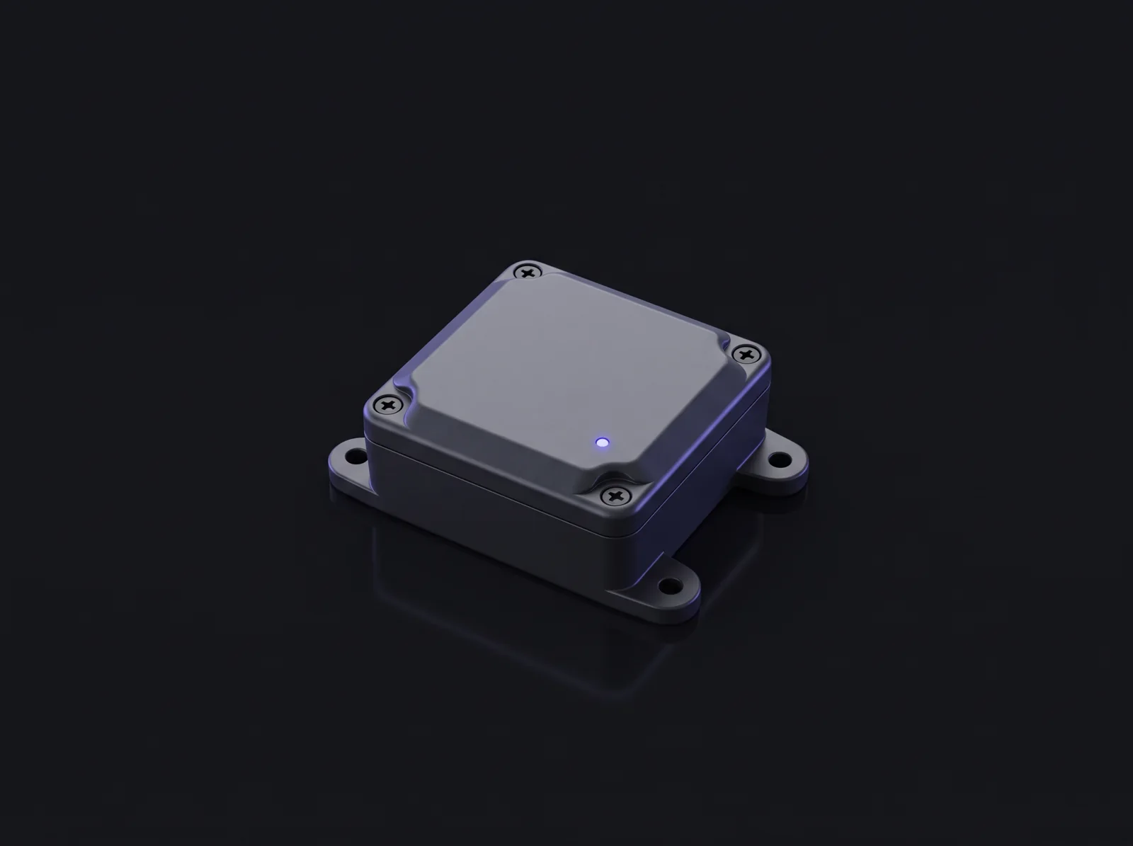 Concept render of a rugged 4G asset tracker with mounting tabs and screws