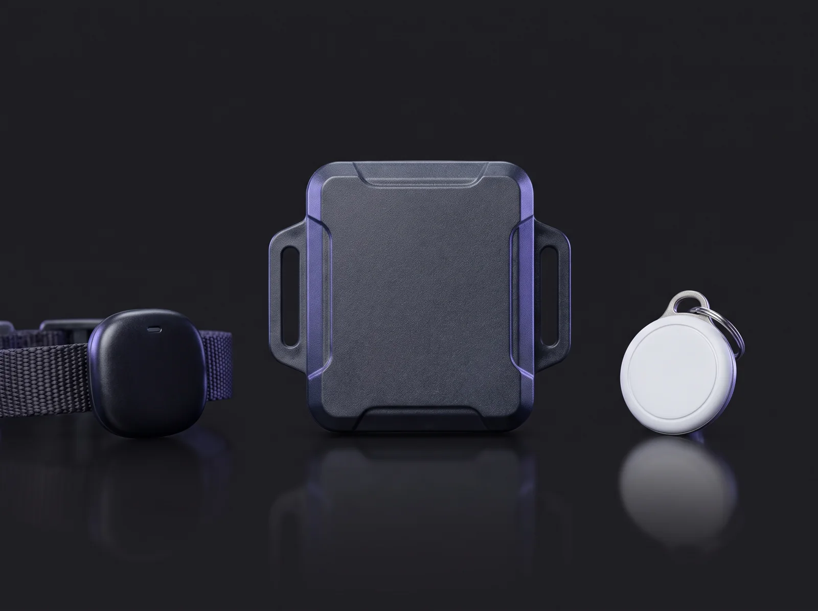 Concept render of a rugged 4G asset tracker, a pet collar tracker and a small Bluetooth tag
