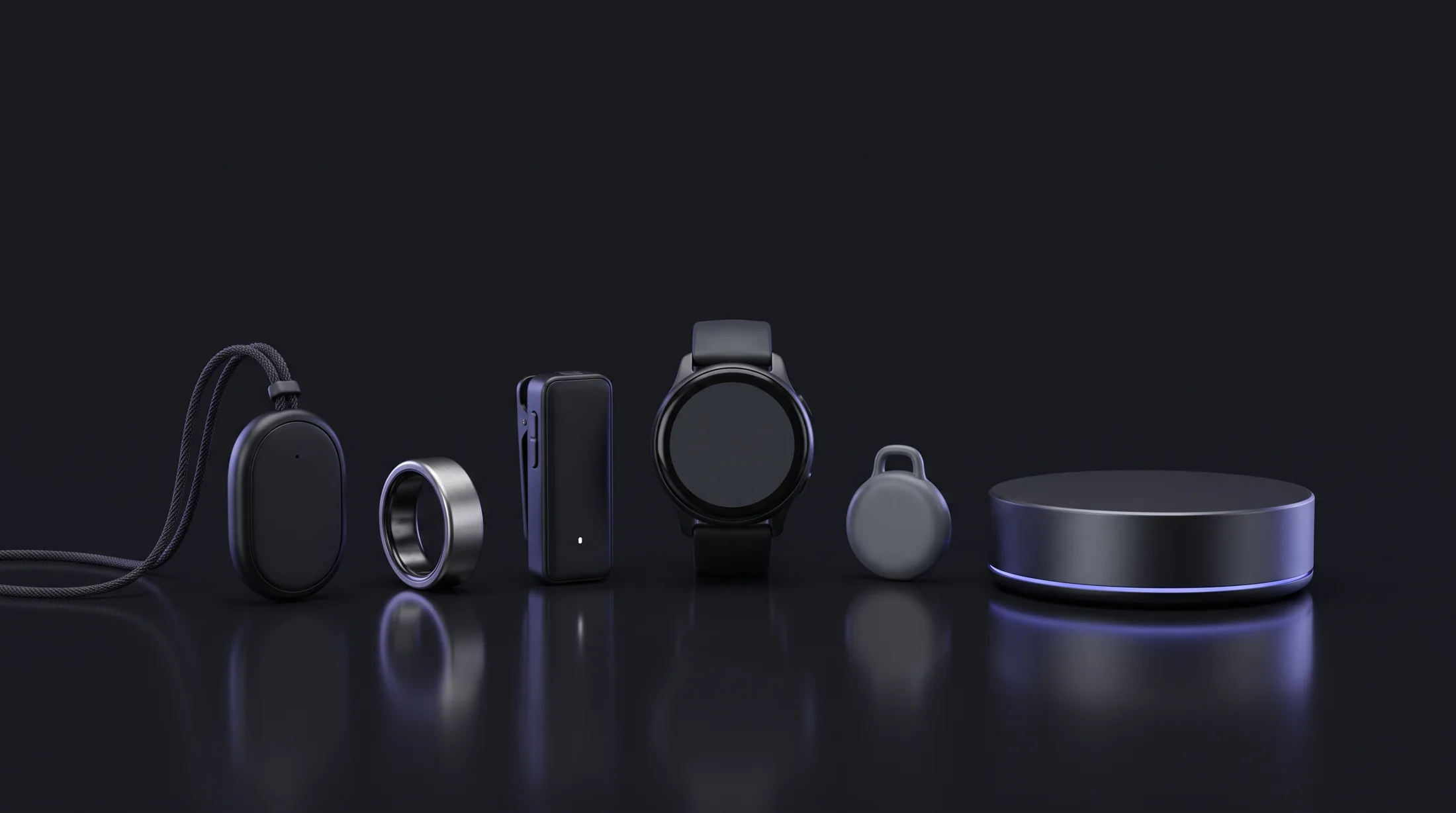 Concept render of a family of AI devices: a recording pendant, a smart ring, a clip-on recorder, a health watch, a pet tracker and a desk companion on a dark surface
