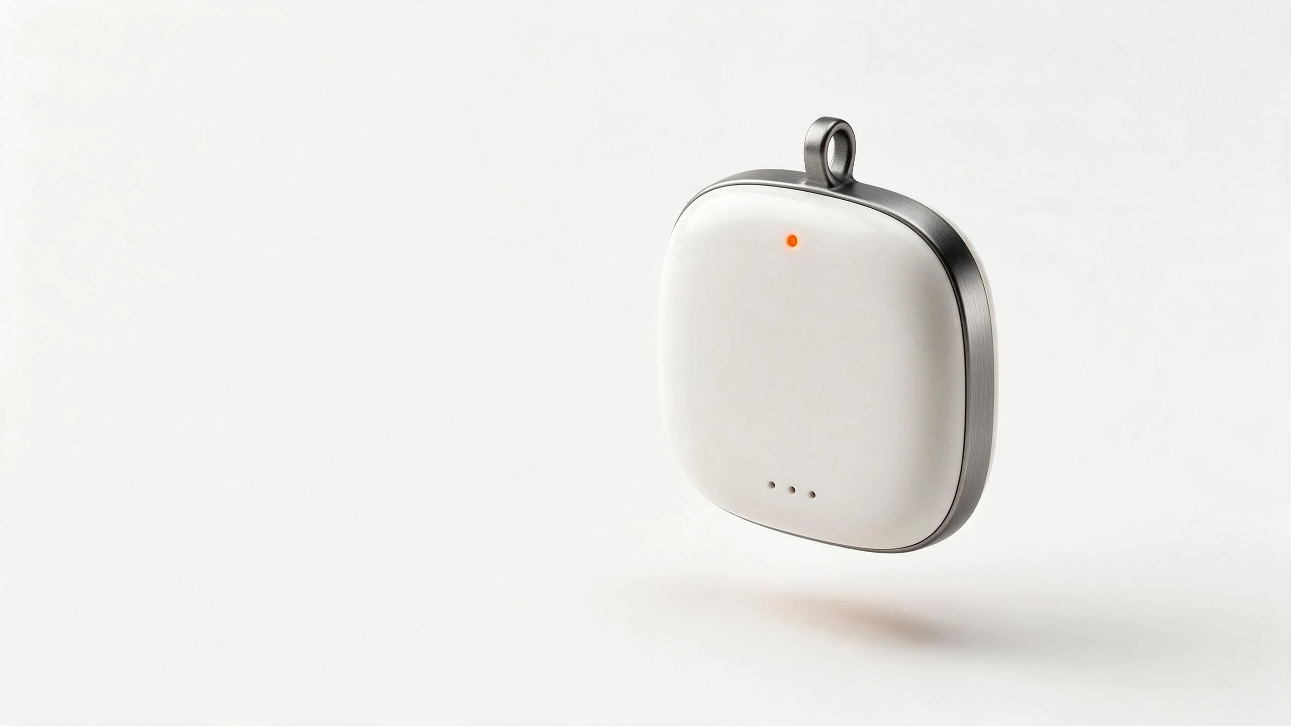 Concept render of a white AI voice pendant turning a full circle