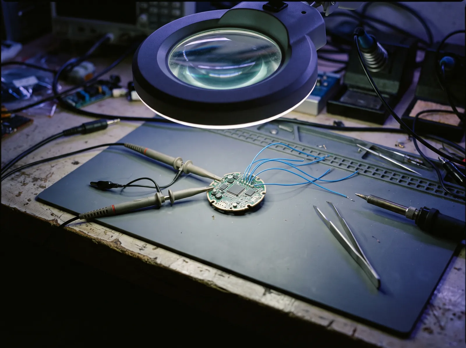 Illustration: a freshly assembled small round PCBA during first bring-up