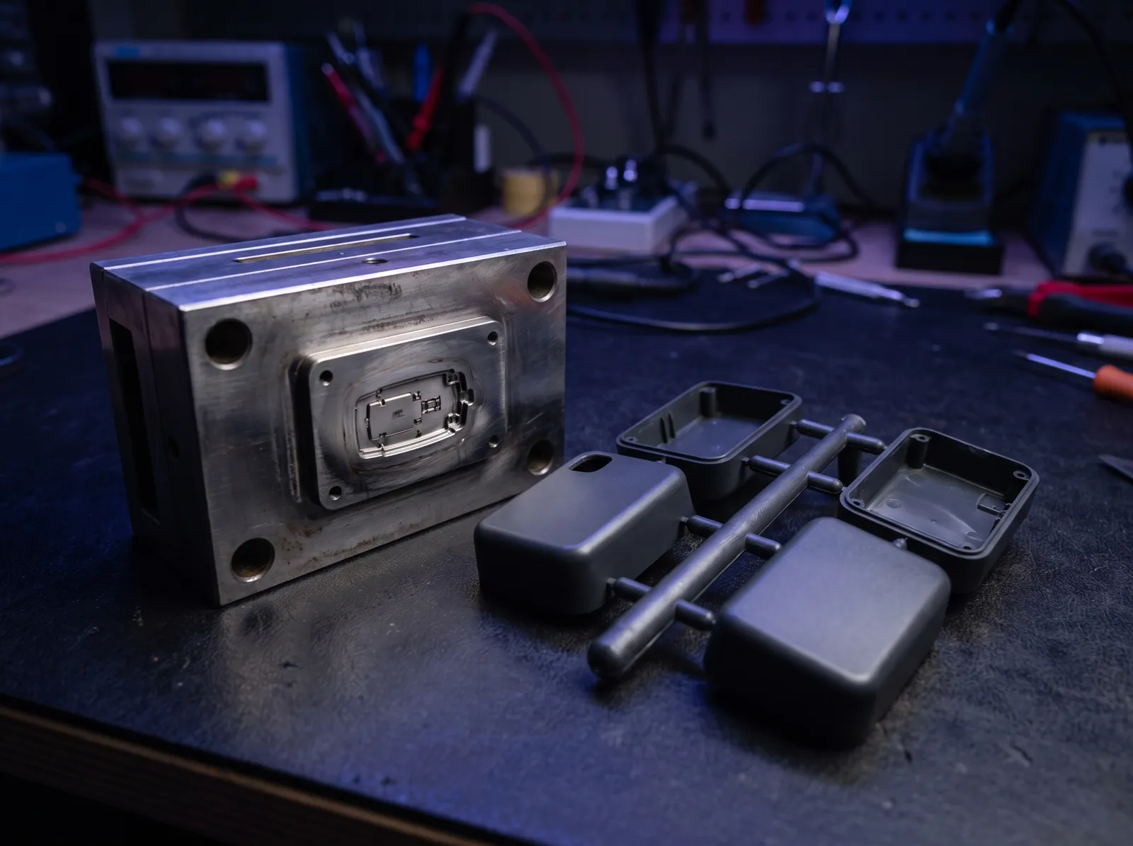 Illustration: a polished steel injection-mold insert next to the first molded plastic parts