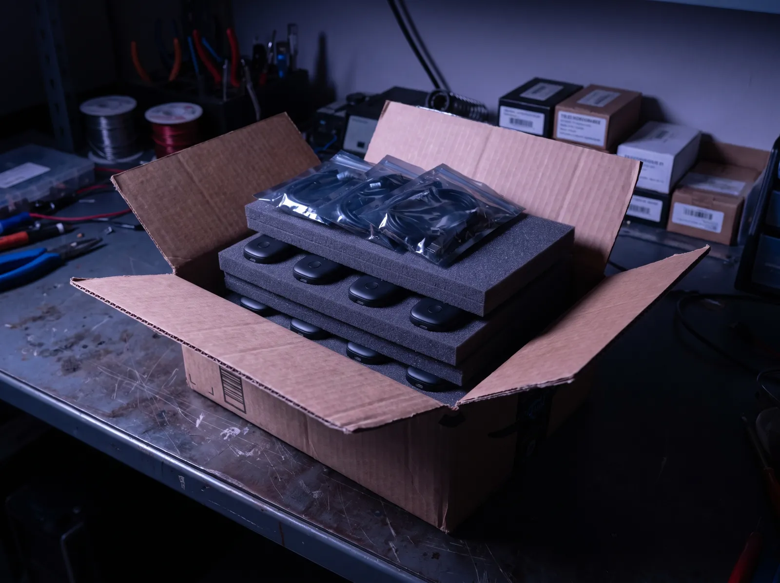 Illustration: pilot units in plain foam trays in an open shipping carton