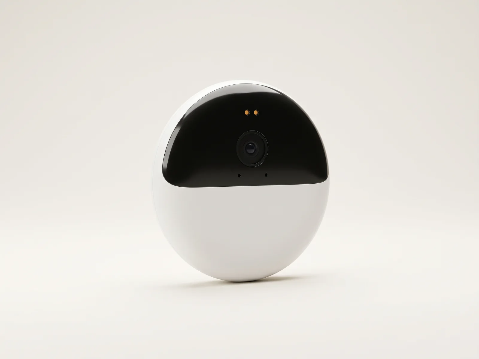Product render of a round palm-size AI translator with a black glass top holding a camera and two indicator lights