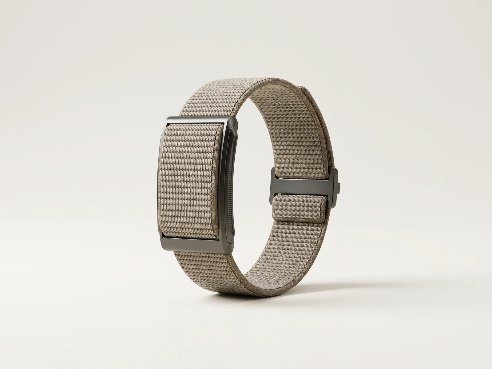 Product render of a screenless health band with a fabric-covered sensor module on a khaki woven loop strap