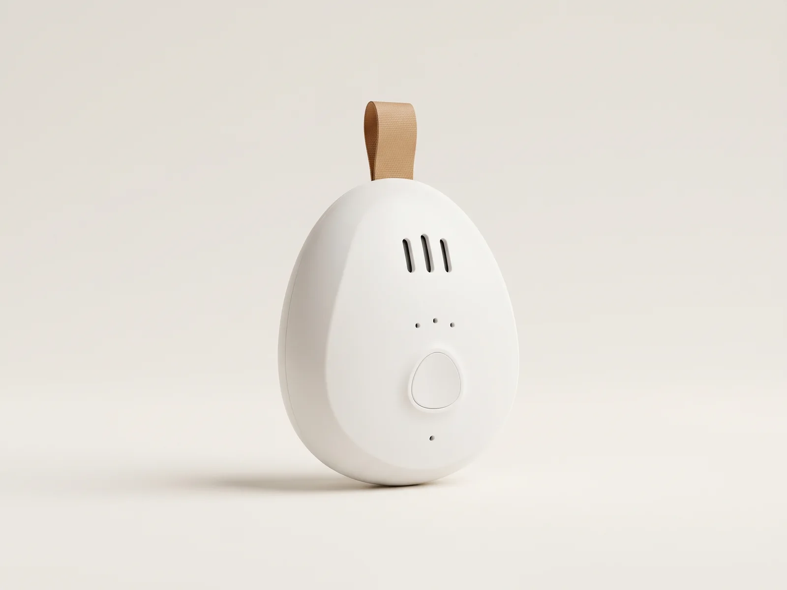 Product render of a white teardrop-shaped wearable speaking coach with a tan lanyard tab and one button