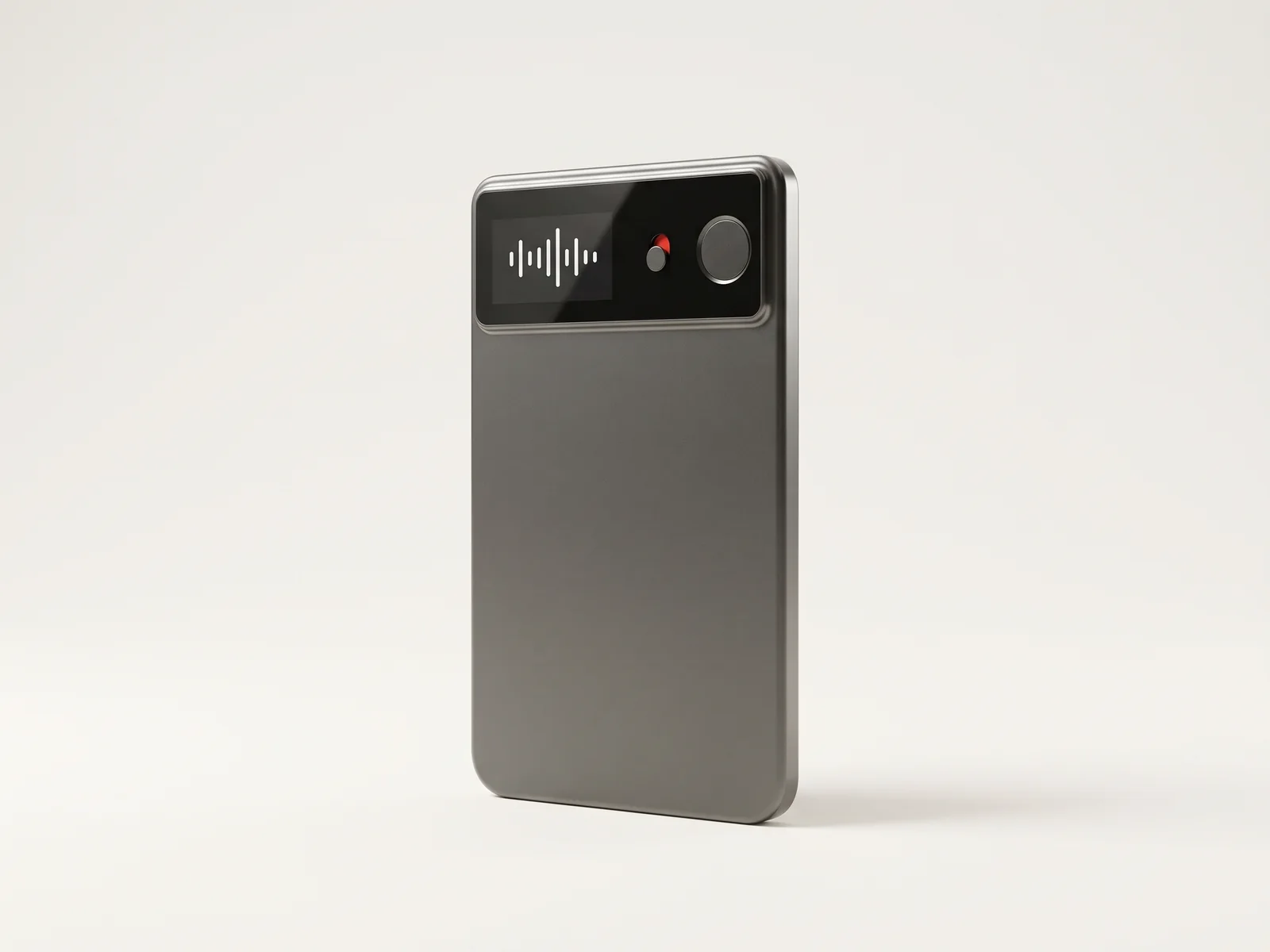 Product render of a slim graphite AI recording card with a small screen showing an audio waveform, a slide switch and a round button