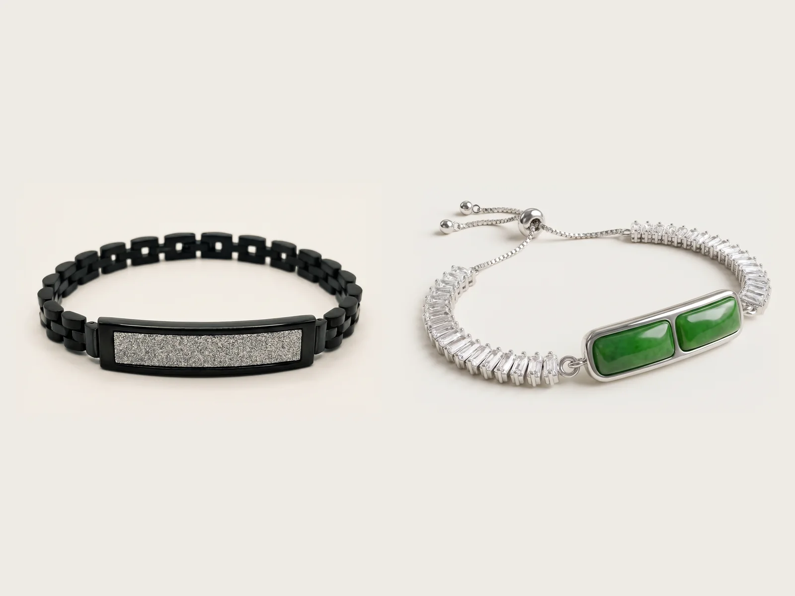 Product render of two smart bracelets: a black steel link bracelet with a glitter-faced module, and a silver crystal bracelet with a module set with two green jade stones